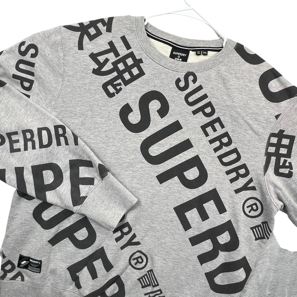 Superdry Sweatshirt Mens 2XL Grey All Over Print Logo Crewneck Pullover